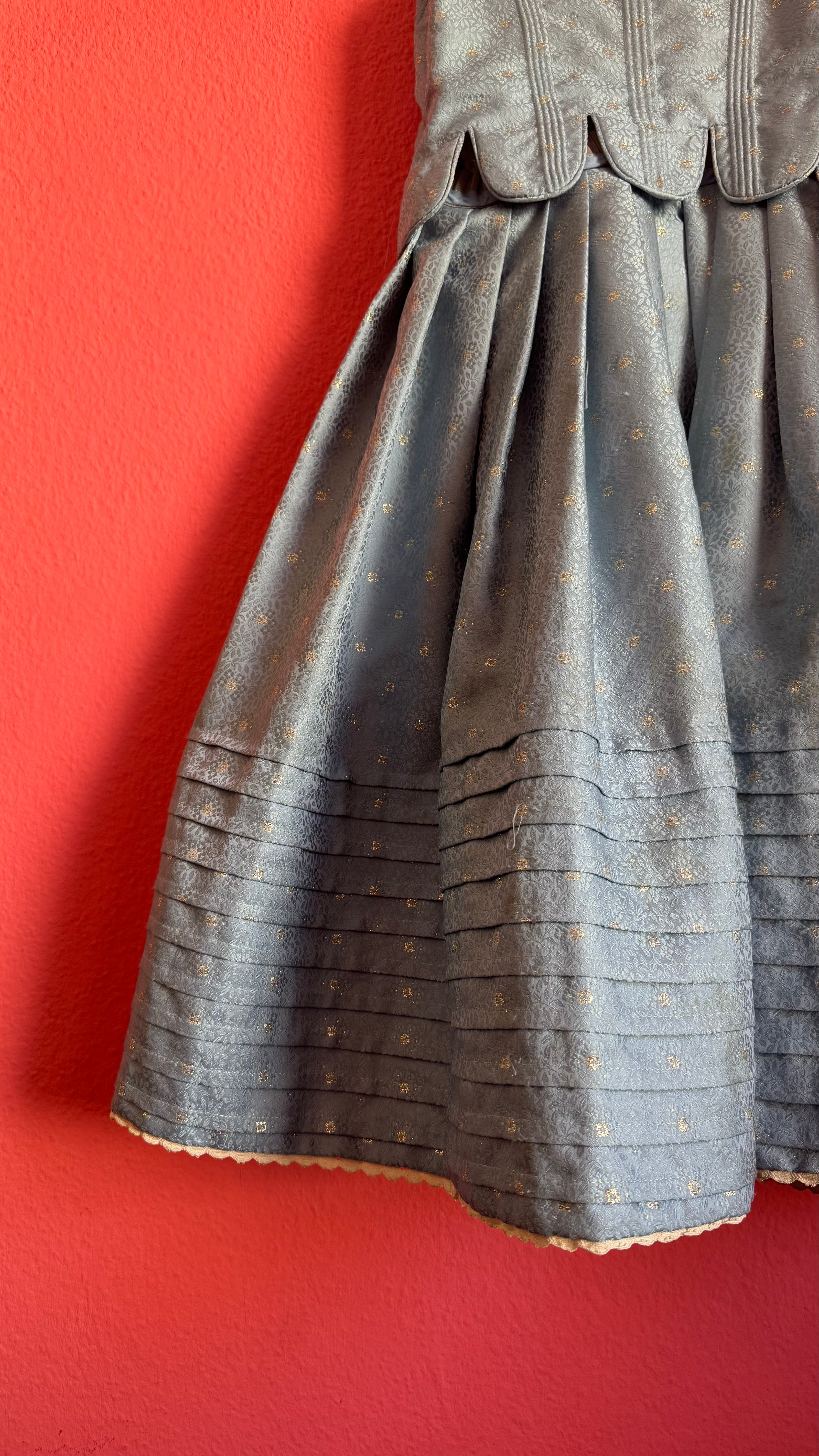 Vintage Estimated 1980s Powder Blue Cotton Brocade Dirndl Dress