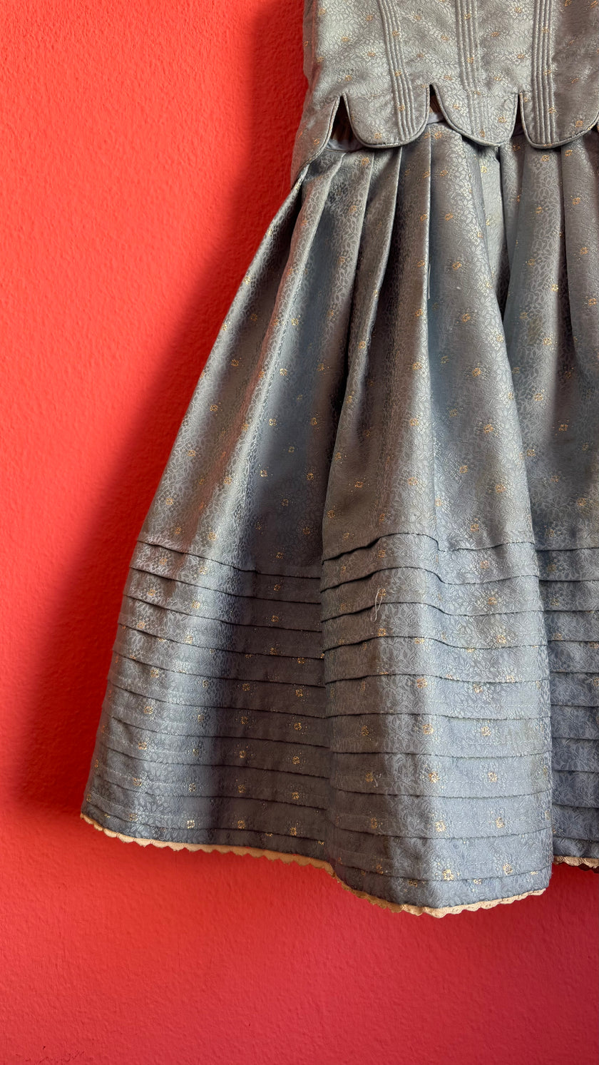 Vintage Estimated 1980s Powder Blue Cotton Brocade Dirndl Dress