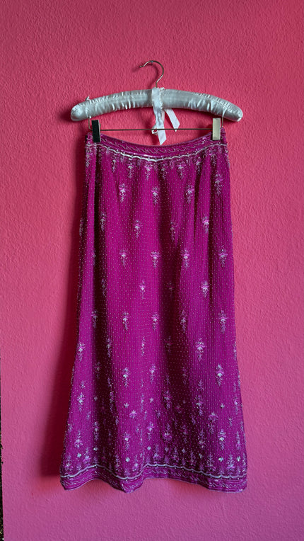 Escada Rose Silk Skirt - Beaded Sequin Embellished - Alva - Morgaine | Vintage Store