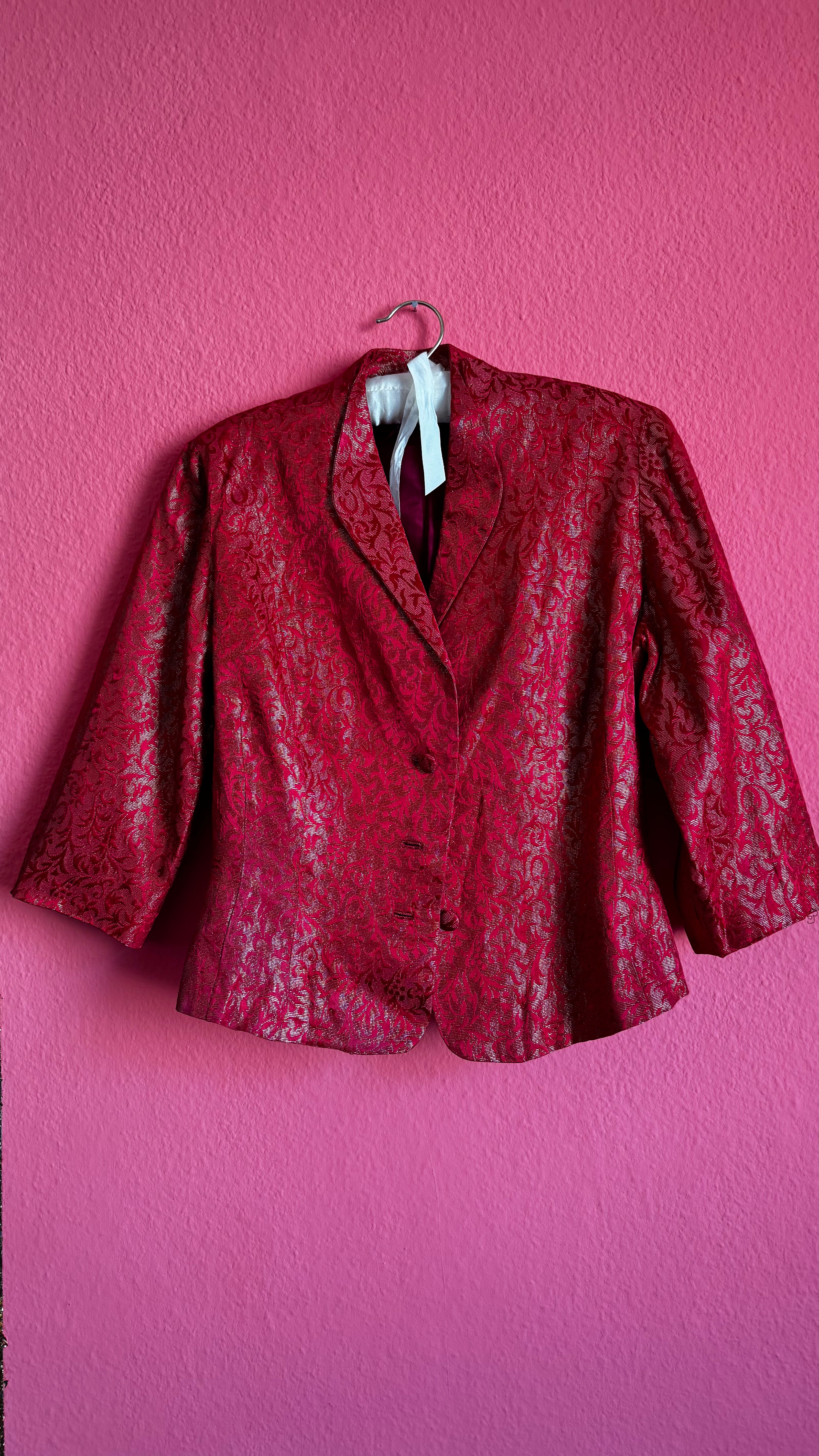 60s Red Damask Dress Jacket Set - Golden Accents - Alva - Morgaine | Vintage Store