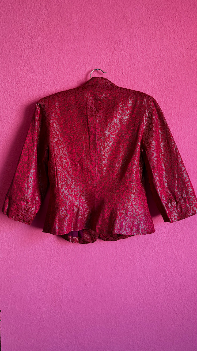 60s Red Damask Dress Jacket Set - Golden Accents - Alva - Morgaine | Vintage Store