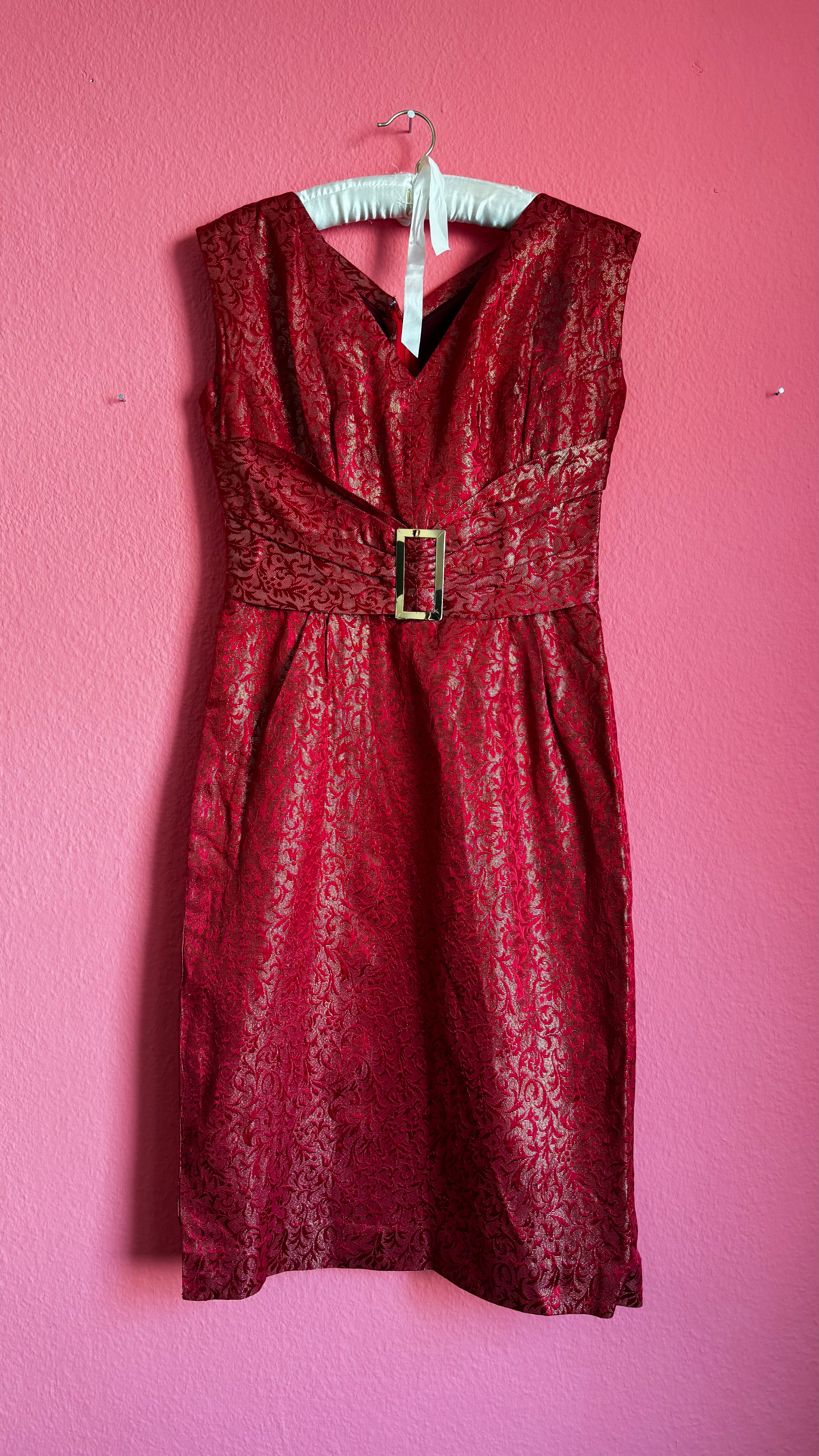 60s Red Damask Dress Jacket Set - Golden Accents - Alva - Morgaine | Vintage Store
