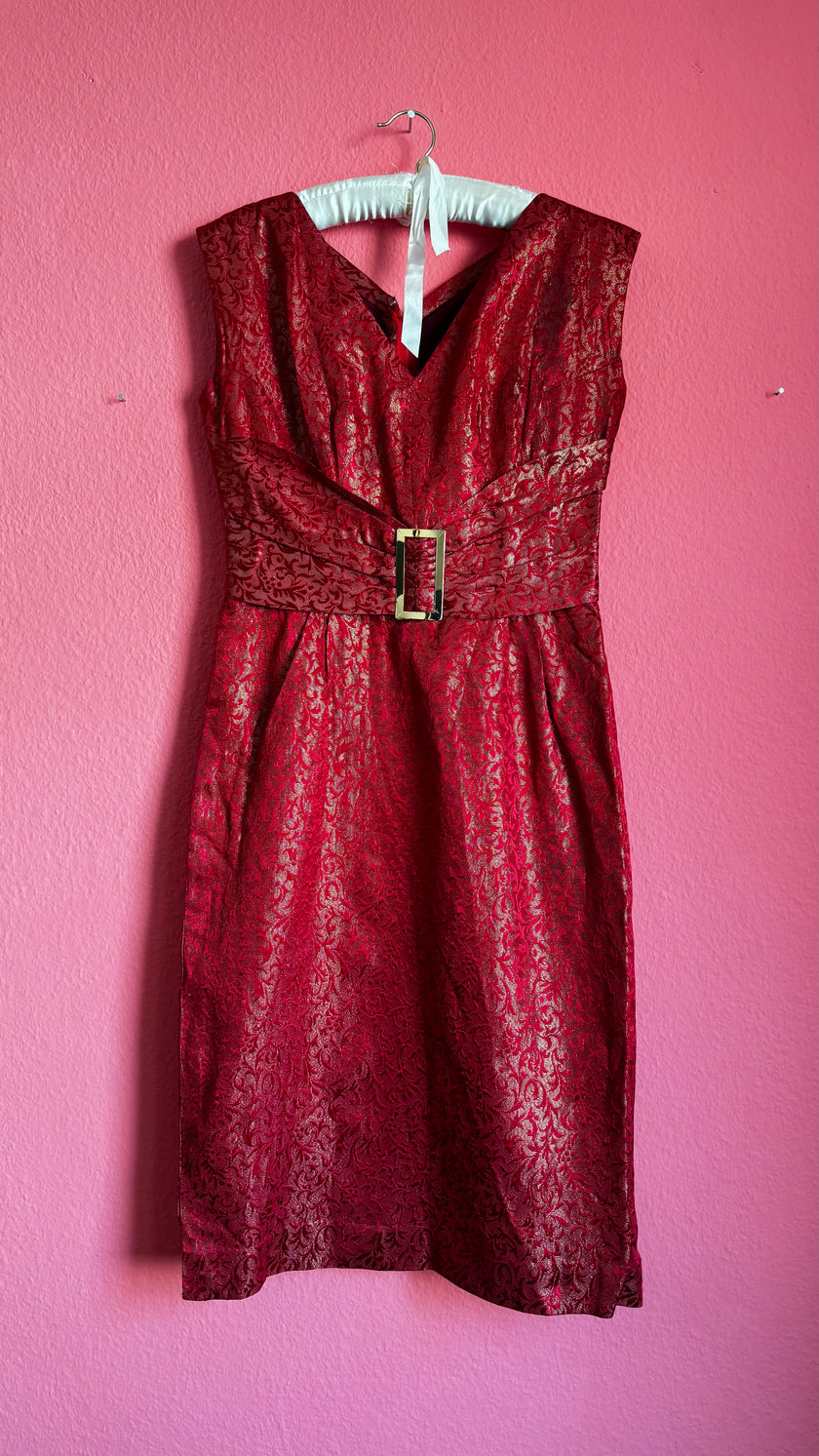 60s Red Damask Dress Jacket Set - Golden Accents - Alva - Morgaine | Vintage Store