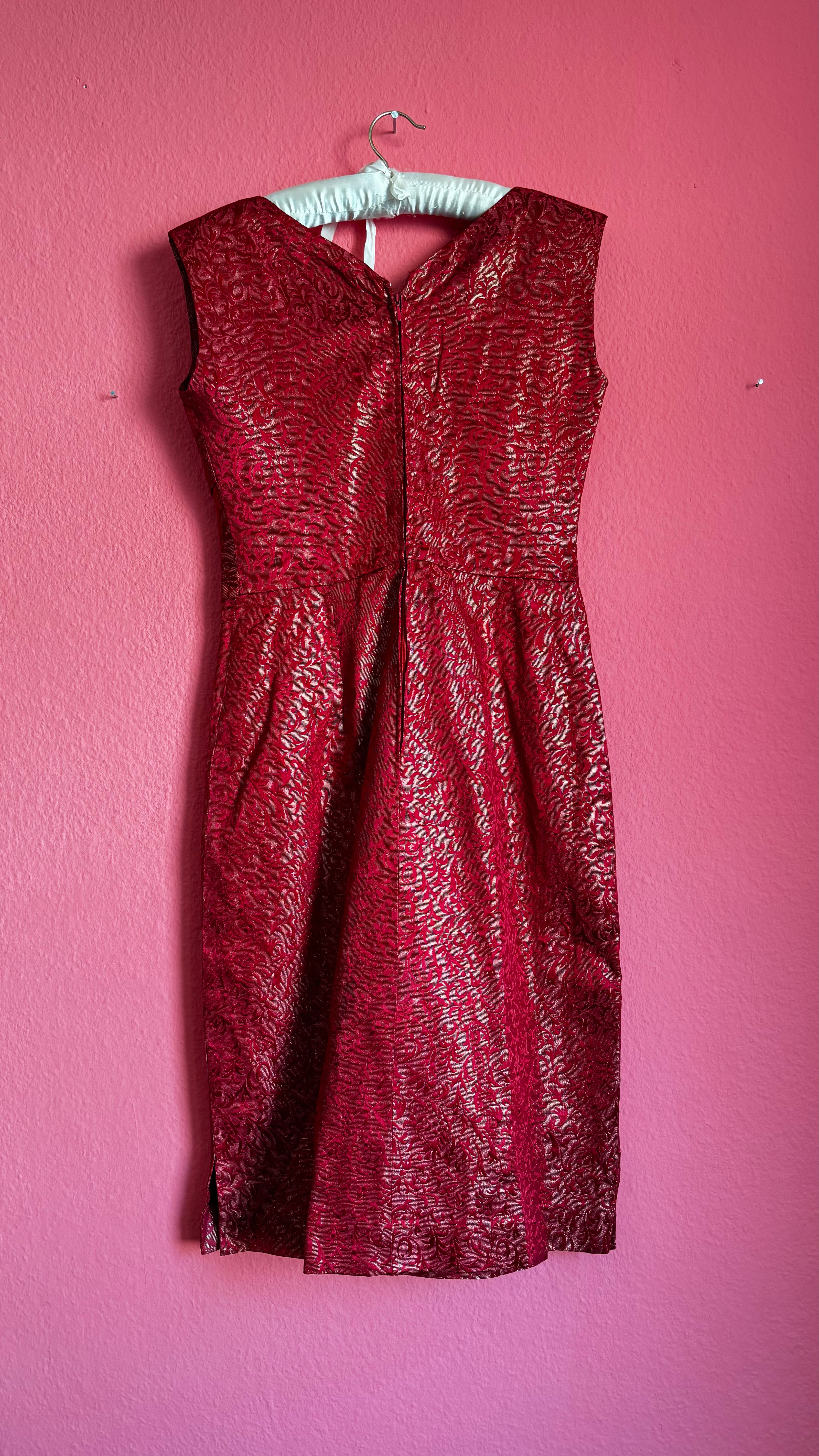 60s Red Damask Dress Jacket Set - Golden Accents - Alva - Morgaine | Vintage Store