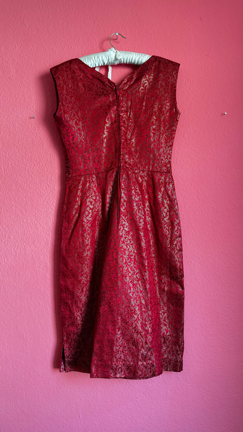 60s Red Damask Dress Jacket Set - Golden Accents - Alva - Morgaine | Vintage Store