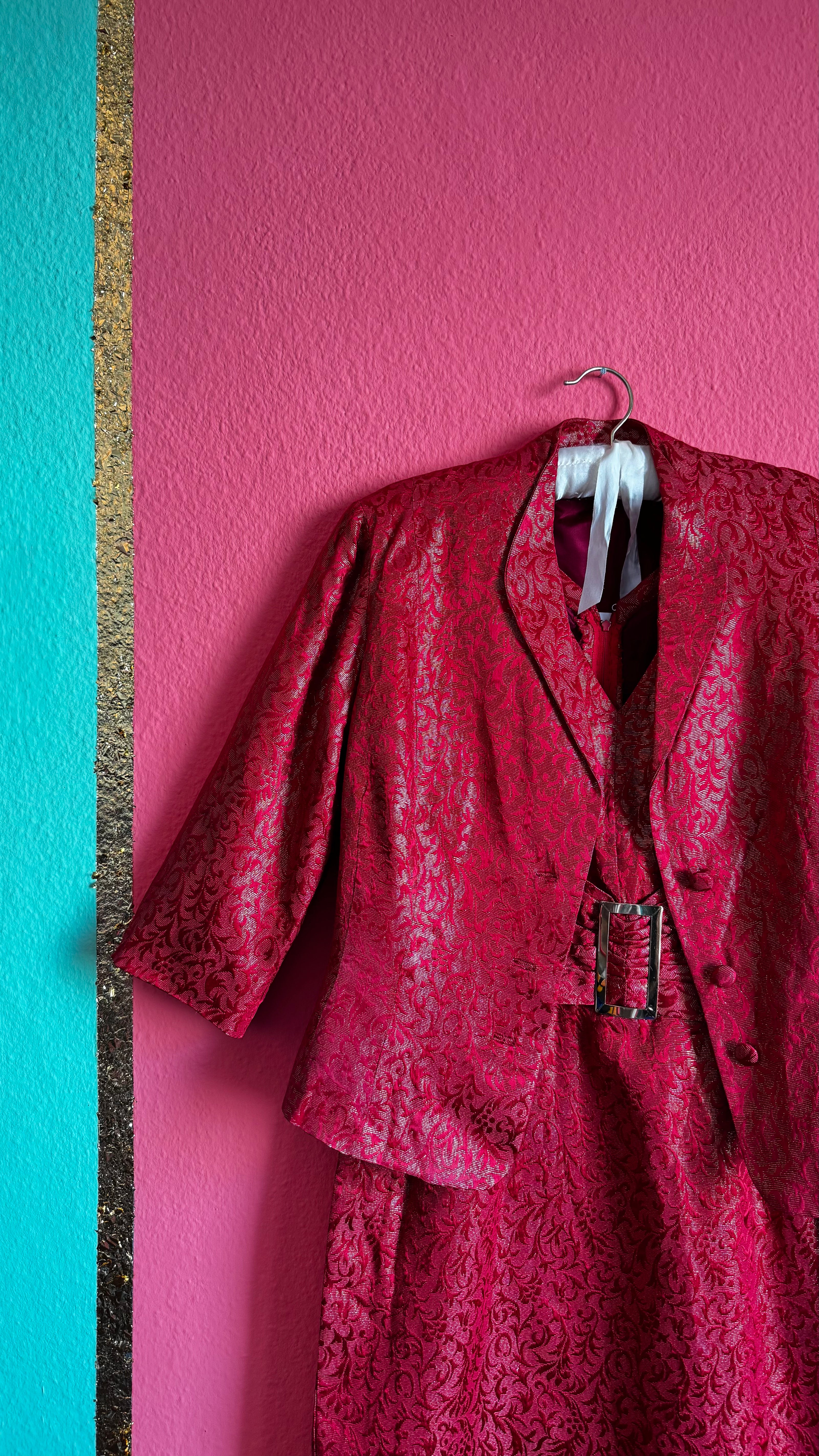 60s Red Damask Dress Jacket Set - Golden Accents - Alva - Morgaine | Vintage Store