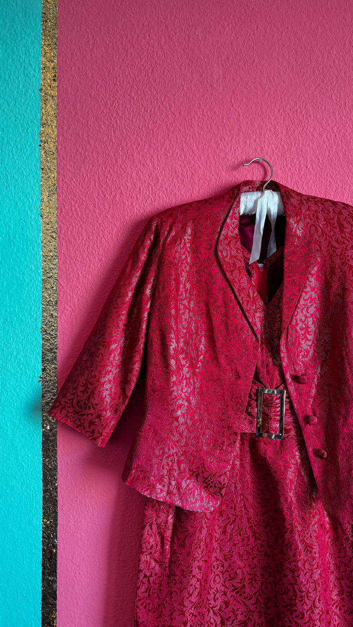 60s Red Damask Dress Jacket Set - Golden Accents - Alva - Morgaine | Vintage Store