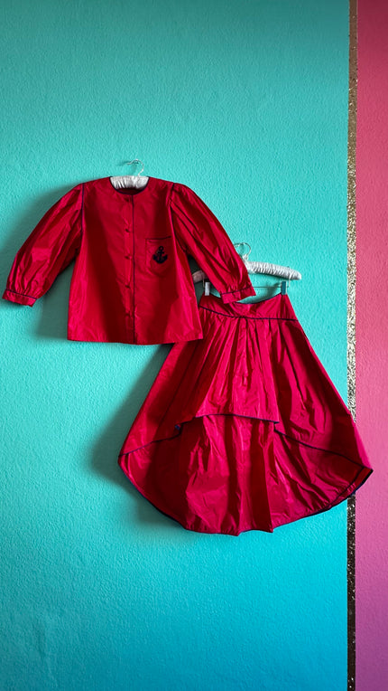 Nautical Silk Jacket Skirt Suit - Anchor Navy Detailing - Alva - Morgaine | Vintage Store