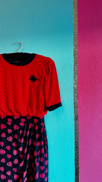 Vintage Escada Silk Midi Dress | Red Black Polka Dot Heart - Alva - Morgaine | Vintage Store