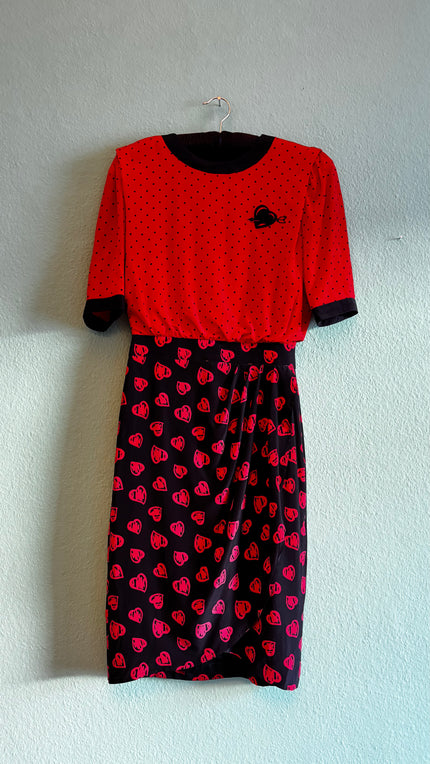 Vintage Escada Silk Midi Dress | Red Black Polka Dot Heart - Alva - Morgaine | Vintage Store