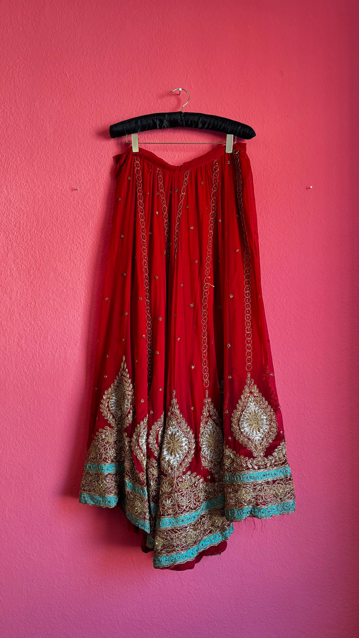Ruby Red Lehenga Skirt - Golden Embroidery Green Beading - Alva - Morgaine | Vintage Store