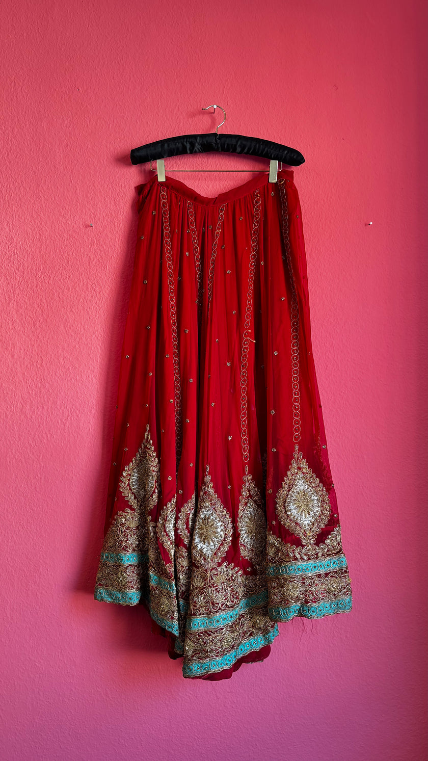 Ruby Red Lehenga Skirt - Golden Embroidery Green Beading - Alva - Morgaine | Vintage Store