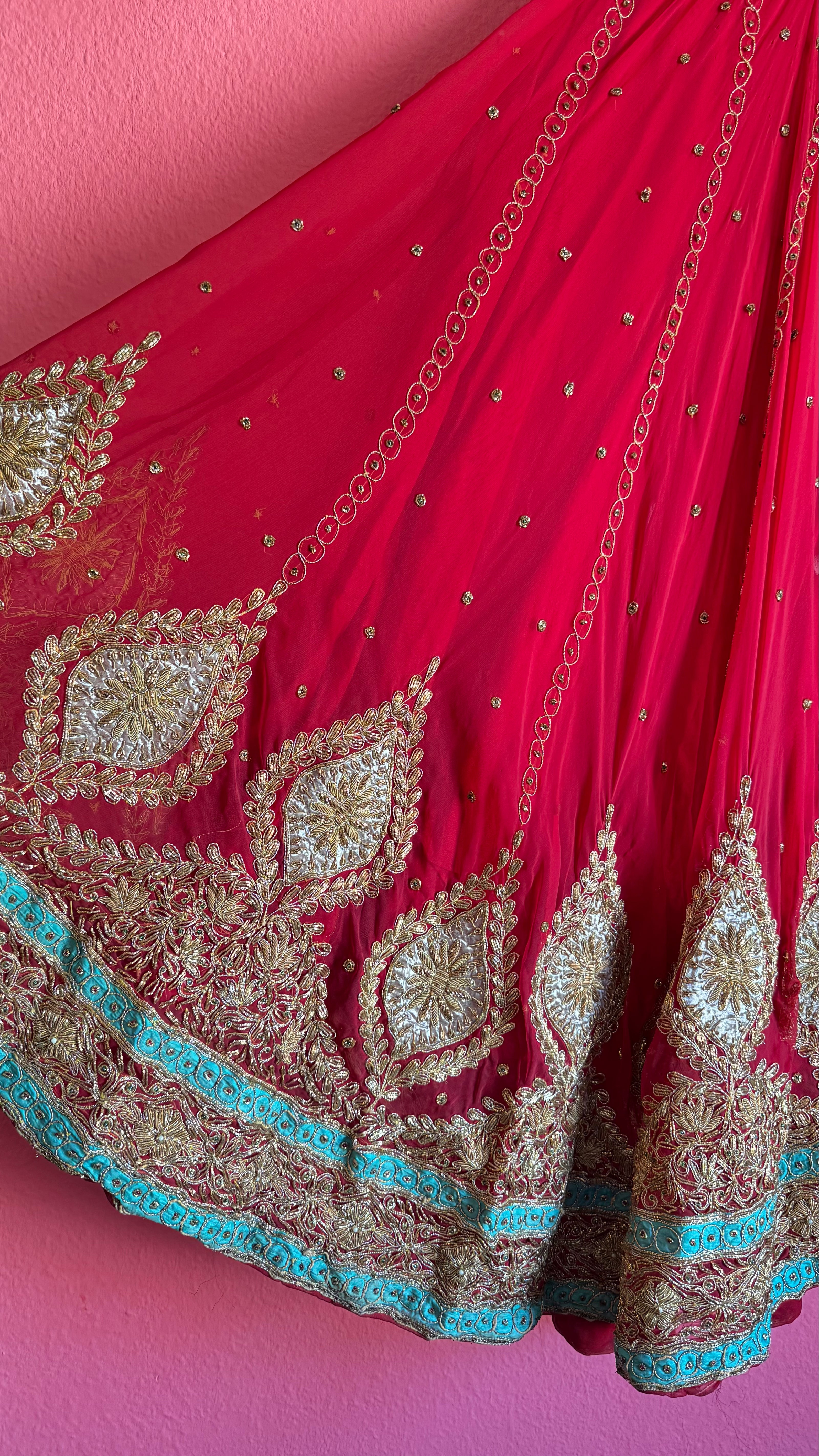 Ruby Red Lehenga Skirt - Golden Embroidery Green Beading - Alva - Morgaine | Vintage Store