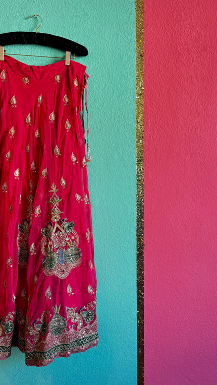 Bright Pink Lehenga Skirt - Kalash Peacock Embroidery - Alva - Morgaine | Vintage Store