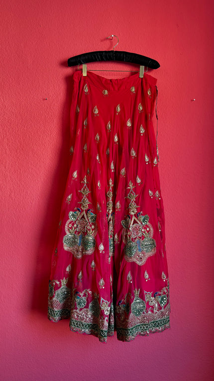 Bright Pink Lehenga Skirt - Kalash Peacock Embroidery - Alva - Morgaine | Vintage Store