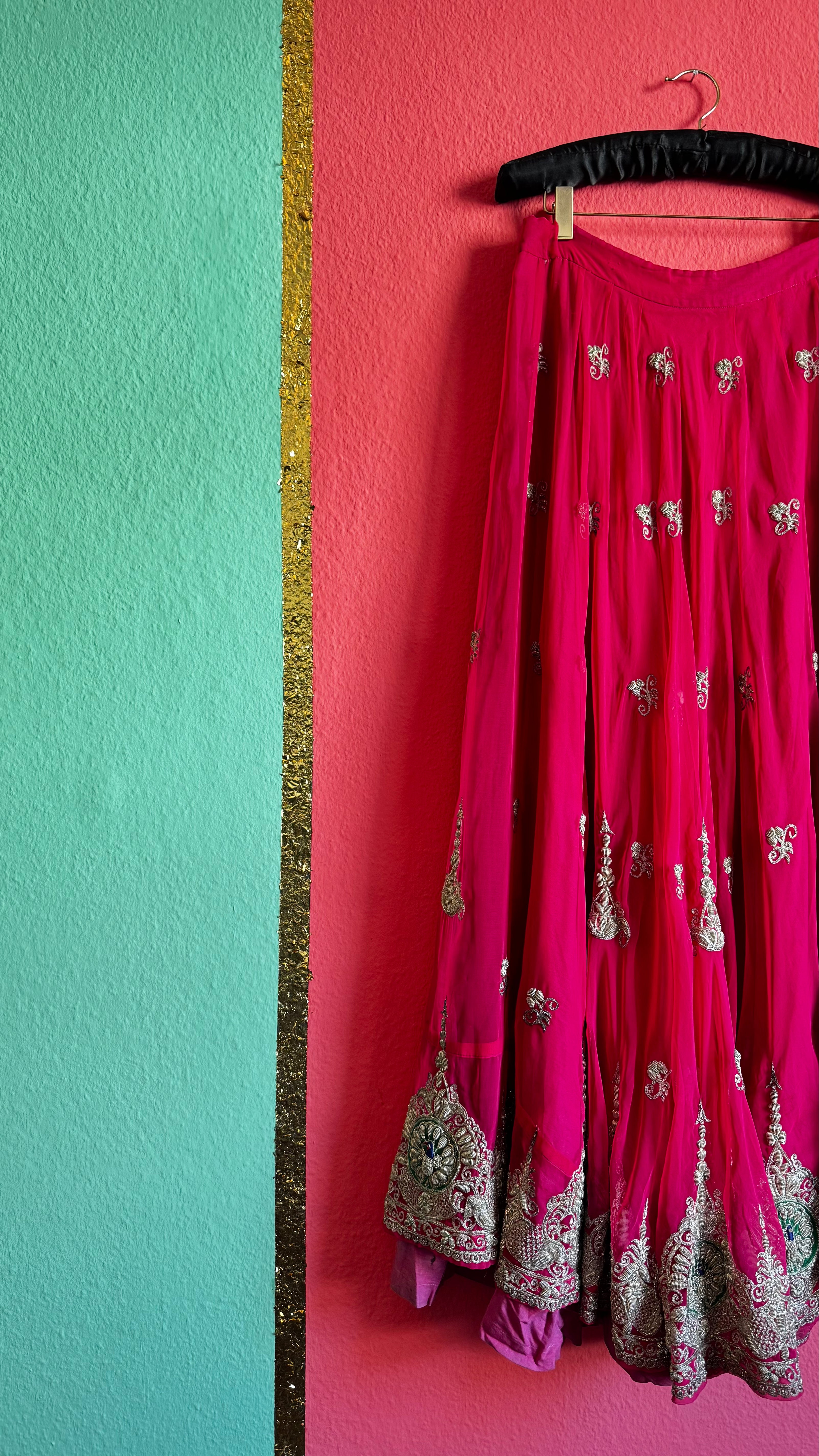 Fuchsia Lehenga Skirt - Silver Hand Embroidery - Alva - Morgaine | Vintage Store