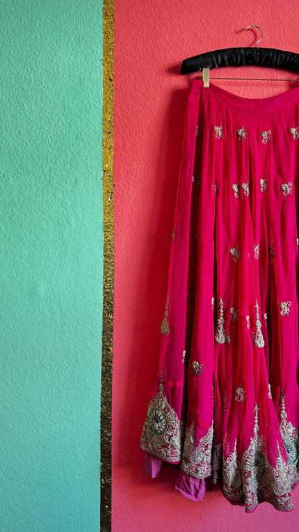 Fuchsia Lehenga Skirt - Silver Hand Embroidery - Alva - Morgaine | Vintage Store