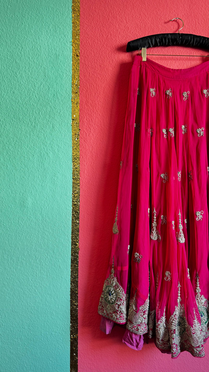Fuchsia Lehenga Skirt - Silver Hand Embroidery - Alva - Morgaine | Vintage Store