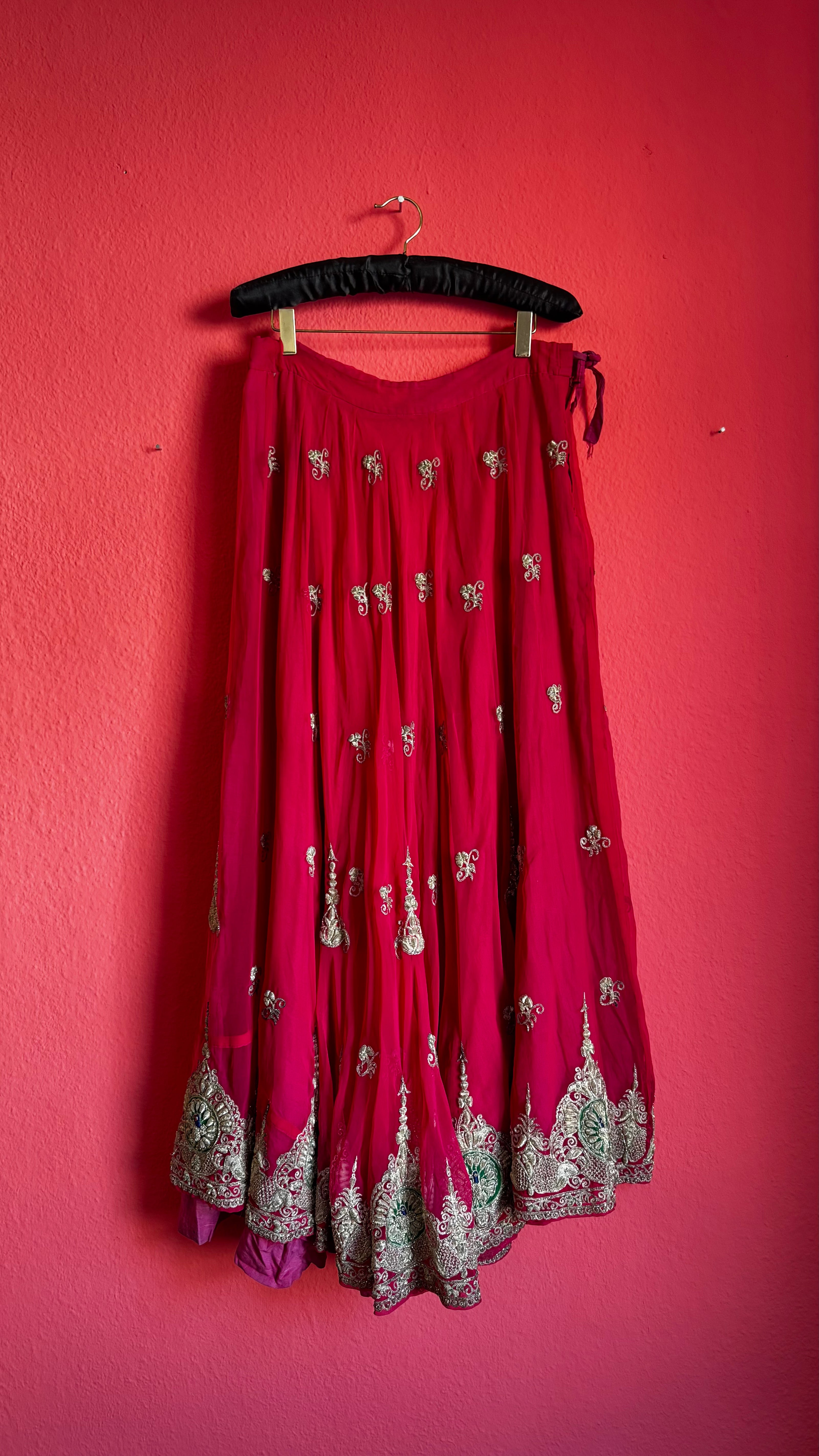 Fuchsia Lehenga Skirt - Silver Hand Embroidery - Alva - Morgaine | Vintage Store
