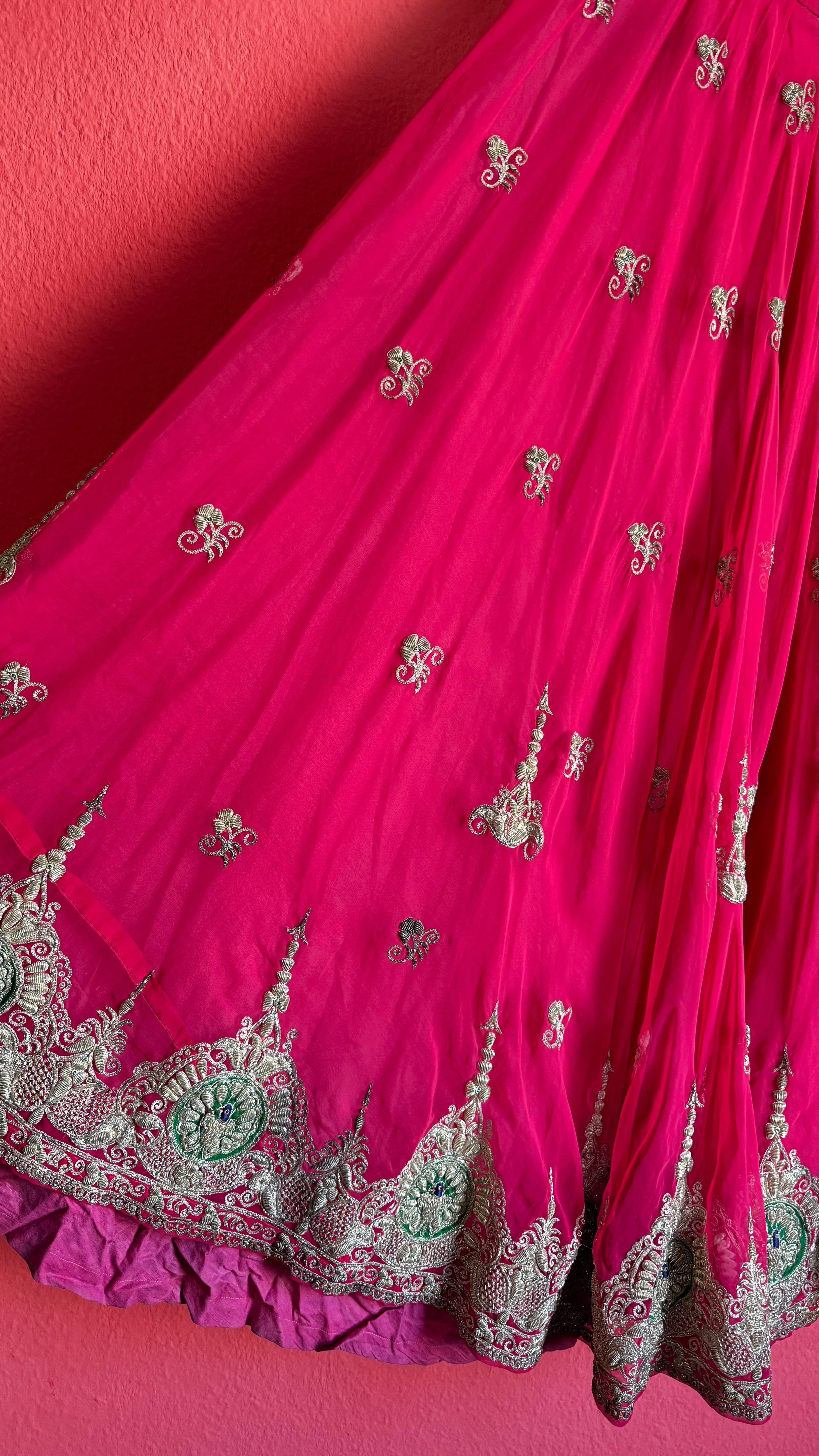 Fuchsia Lehenga Skirt - Silver Hand Embroidery - Alva - Morgaine | Vintage Store