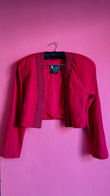 Laurèl Red Silk Bolero Blazer - Ruby Beaded Black Trim - Alva - Morgaine | Vintage Store