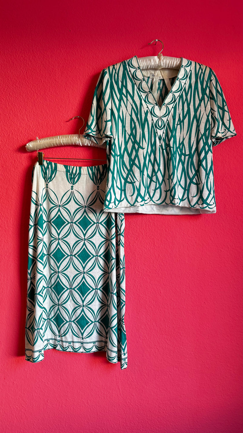Emilio Pucci Aquamarine Cotton Set - Two Blouses Skirt - Alva - Morgaine | Vintage Store