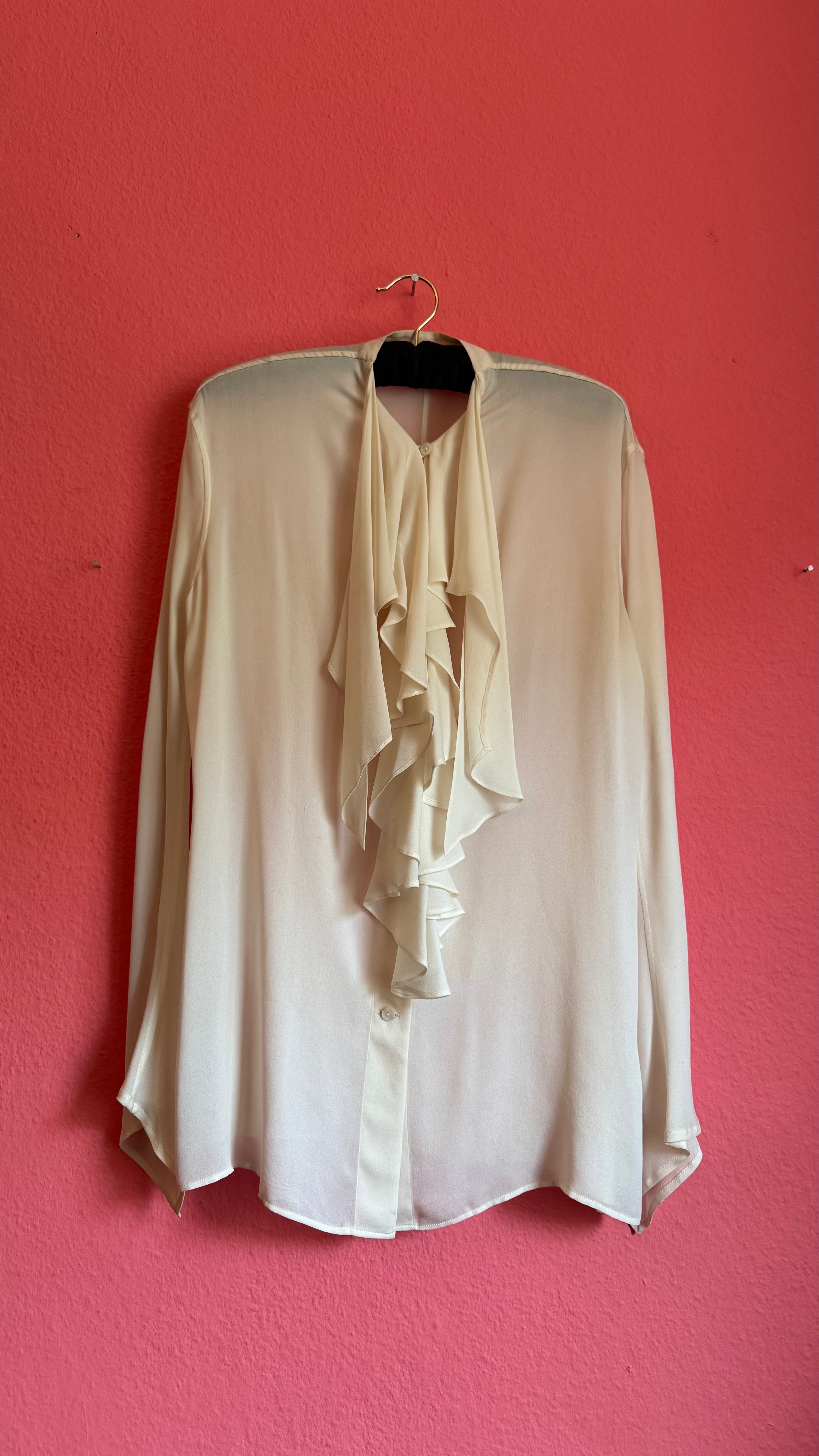 Vintage 1990s Ivory Silk Ruffle Blouse by Jil Sander