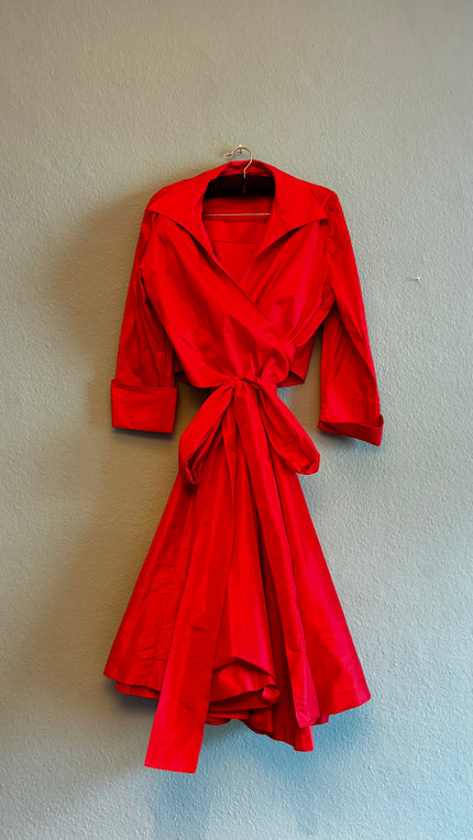 Vintage Red Silk Two-Piece Set | Blazer & Pleated Maxi Skirt