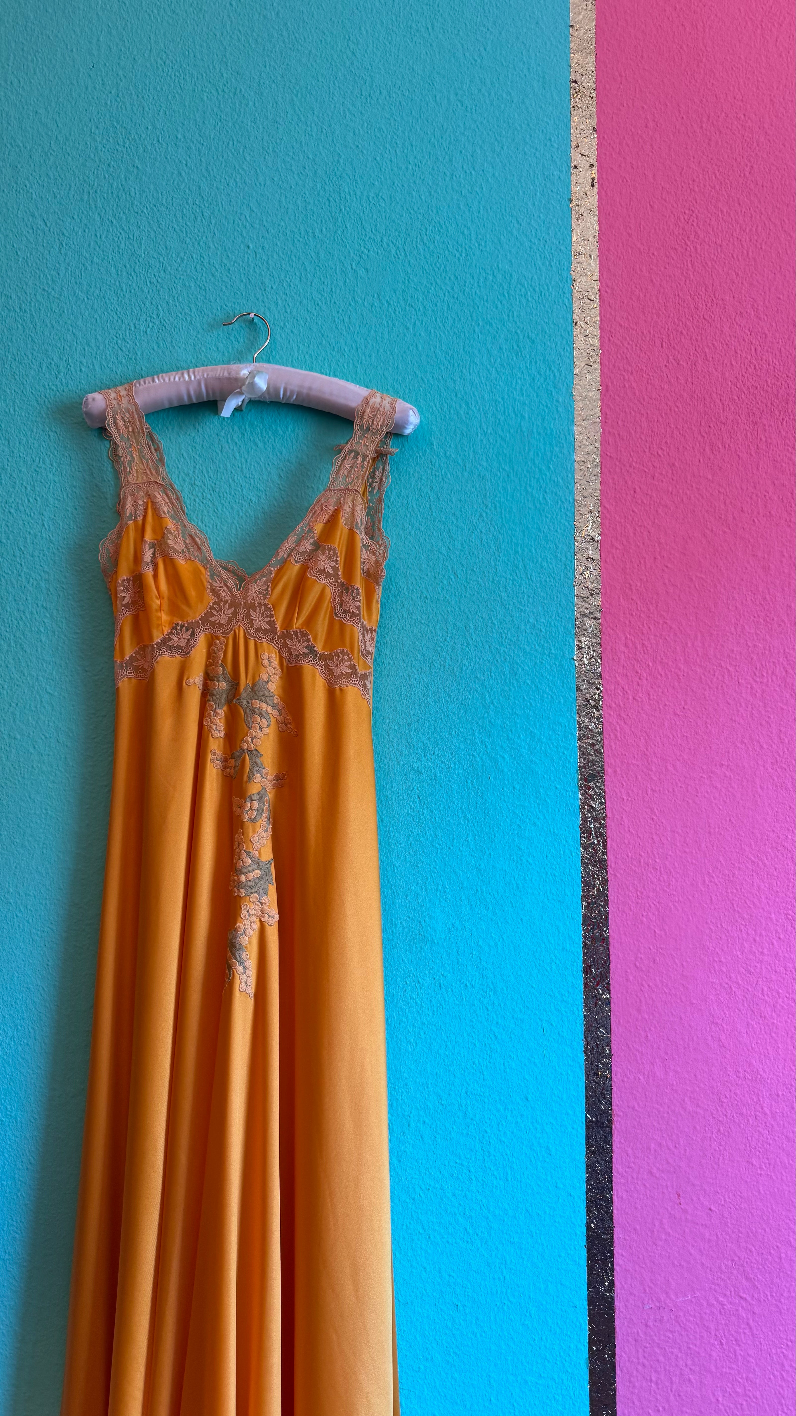 Vintage 1970s Golden Satin Nightgown With Lace & Floral Appliqué