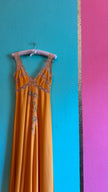 Vintage 1970s Golden Satin Nightgown With Lace & Floral Appliqué