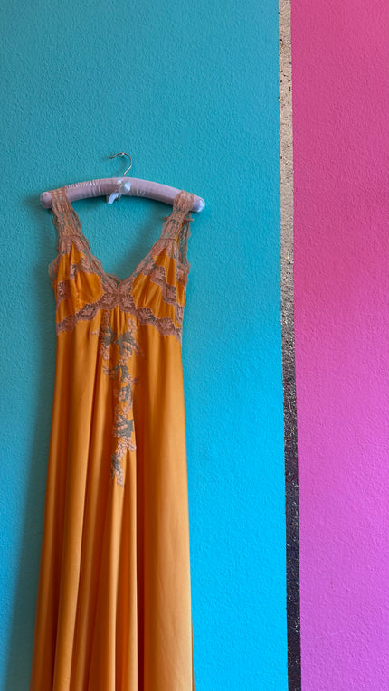 Vintage 1970s Golden Satin Nightgown With Lace & Floral Appliqué