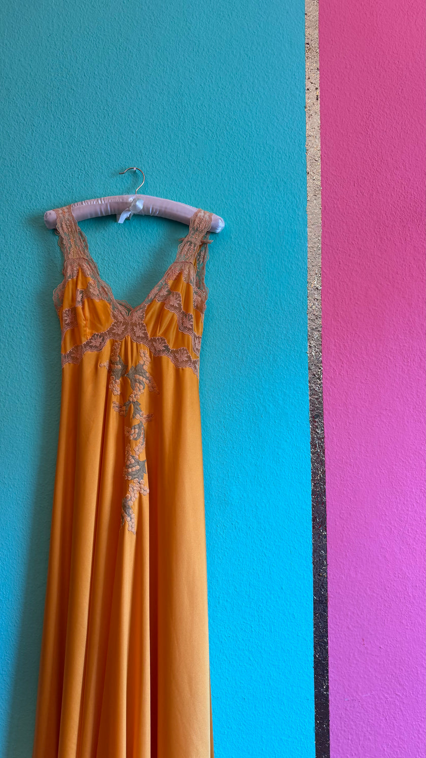 Vintage 1970s Golden Satin Nightgown With Lace & Floral Appliqué