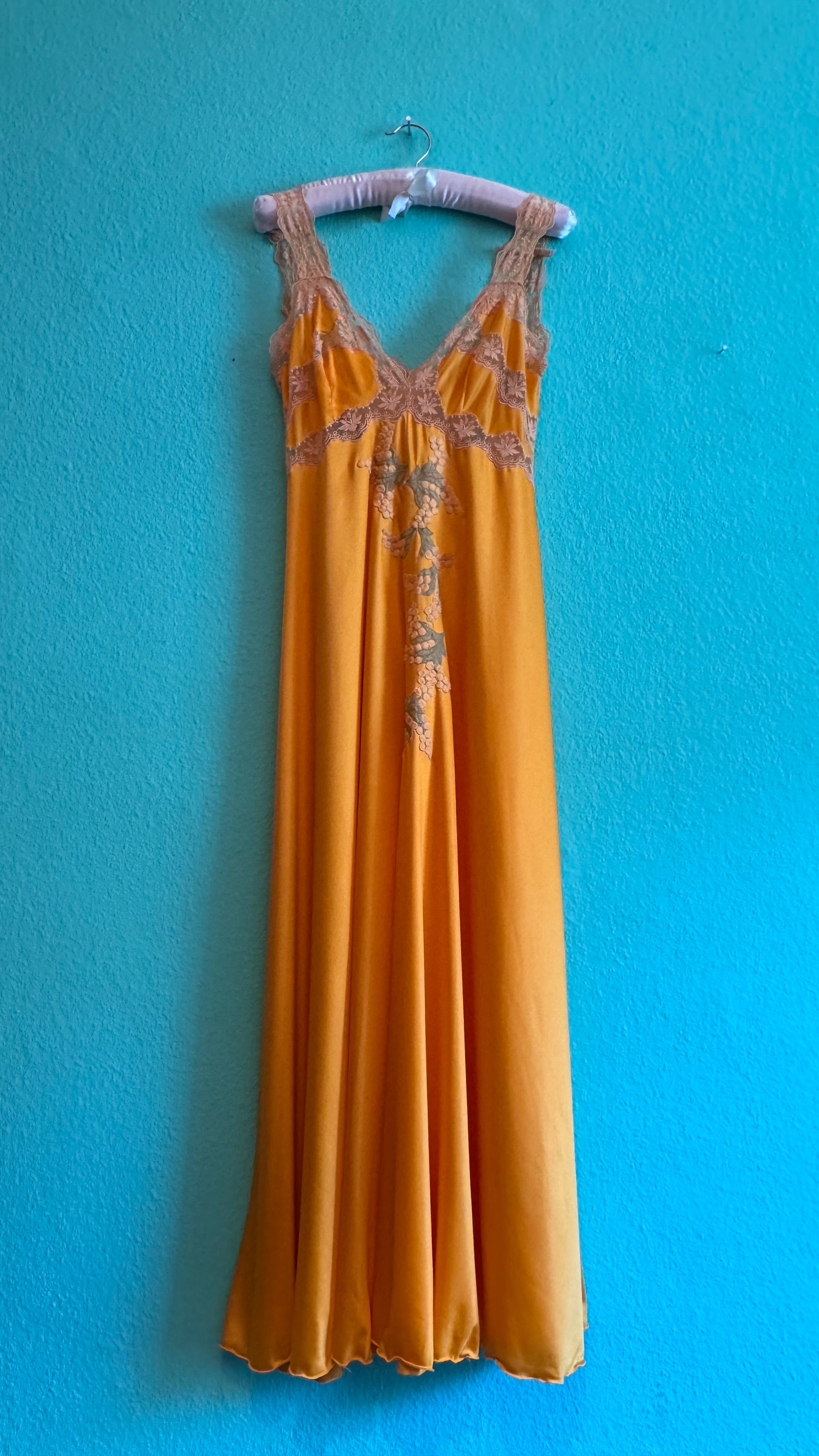Vintage 1970s Golden Satin Nightgown With Lace & Floral Appliqué