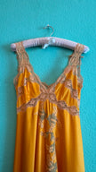 Vintage 1970s Golden Satin Nightgown With Lace & Floral Appliqué