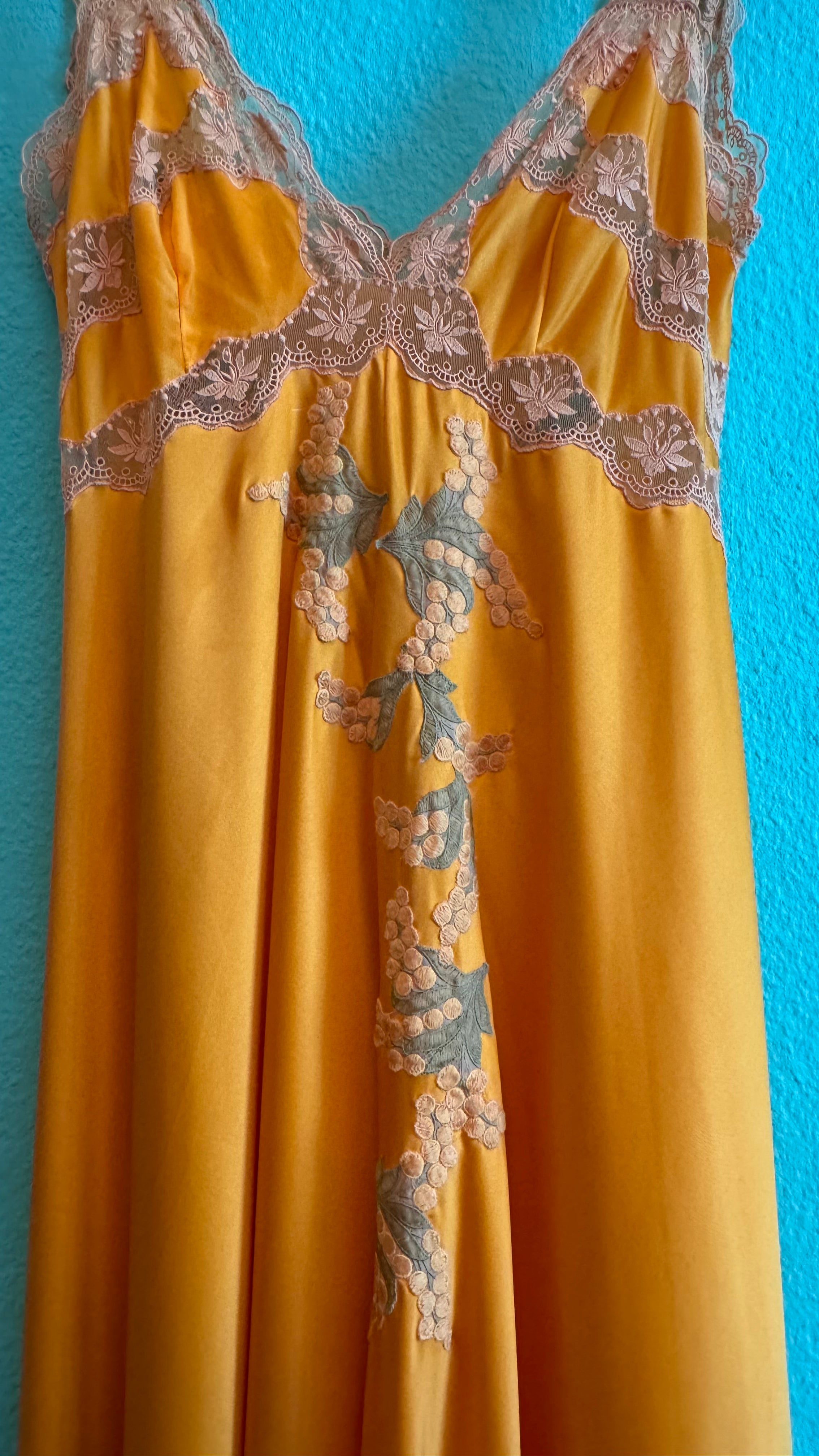 Vintage 1970s Golden Satin Nightgown With Lace & Floral Appliqué