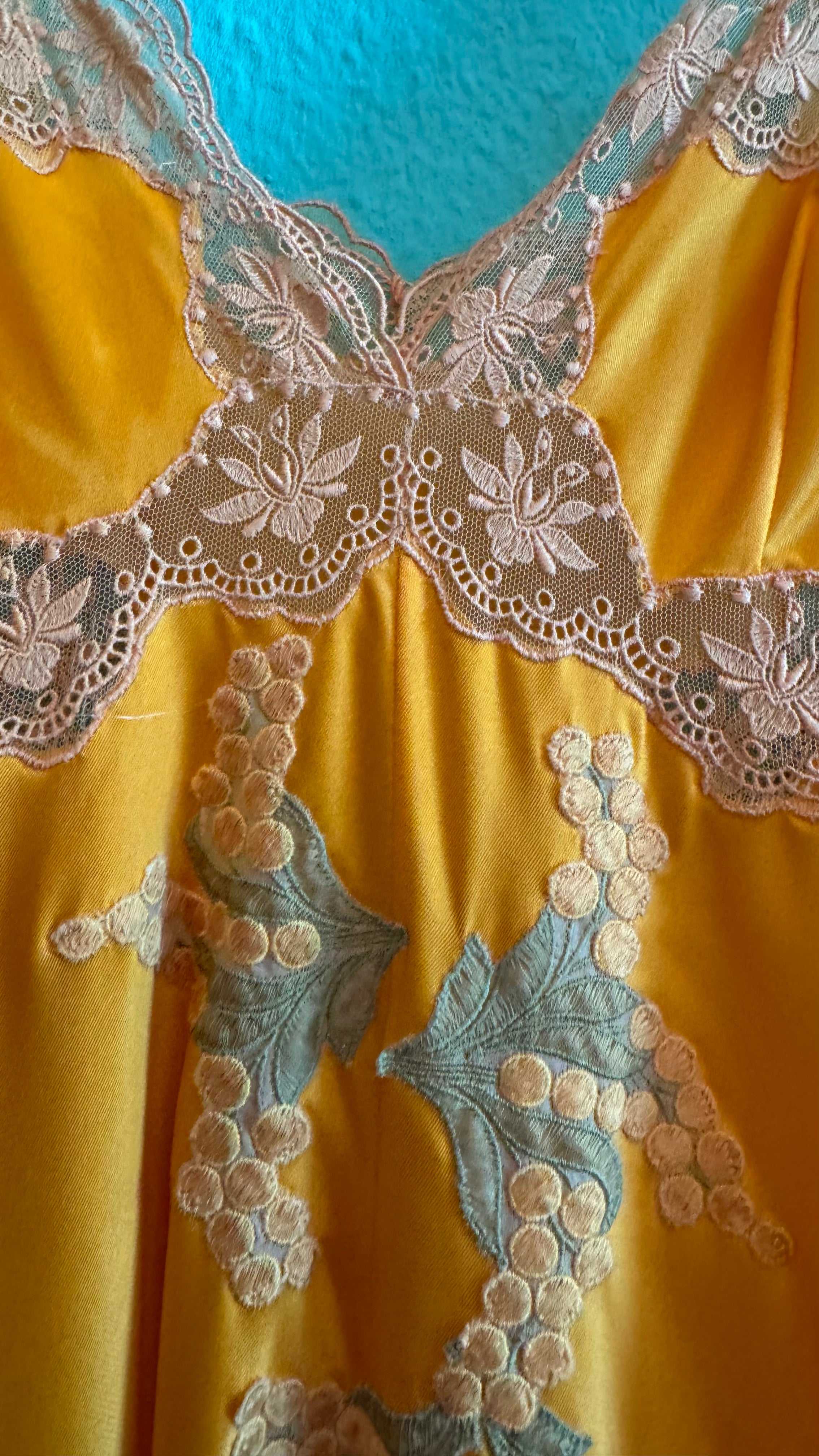 Vintage 1970s Golden Satin Nightgown With Lace & Floral Appliqué