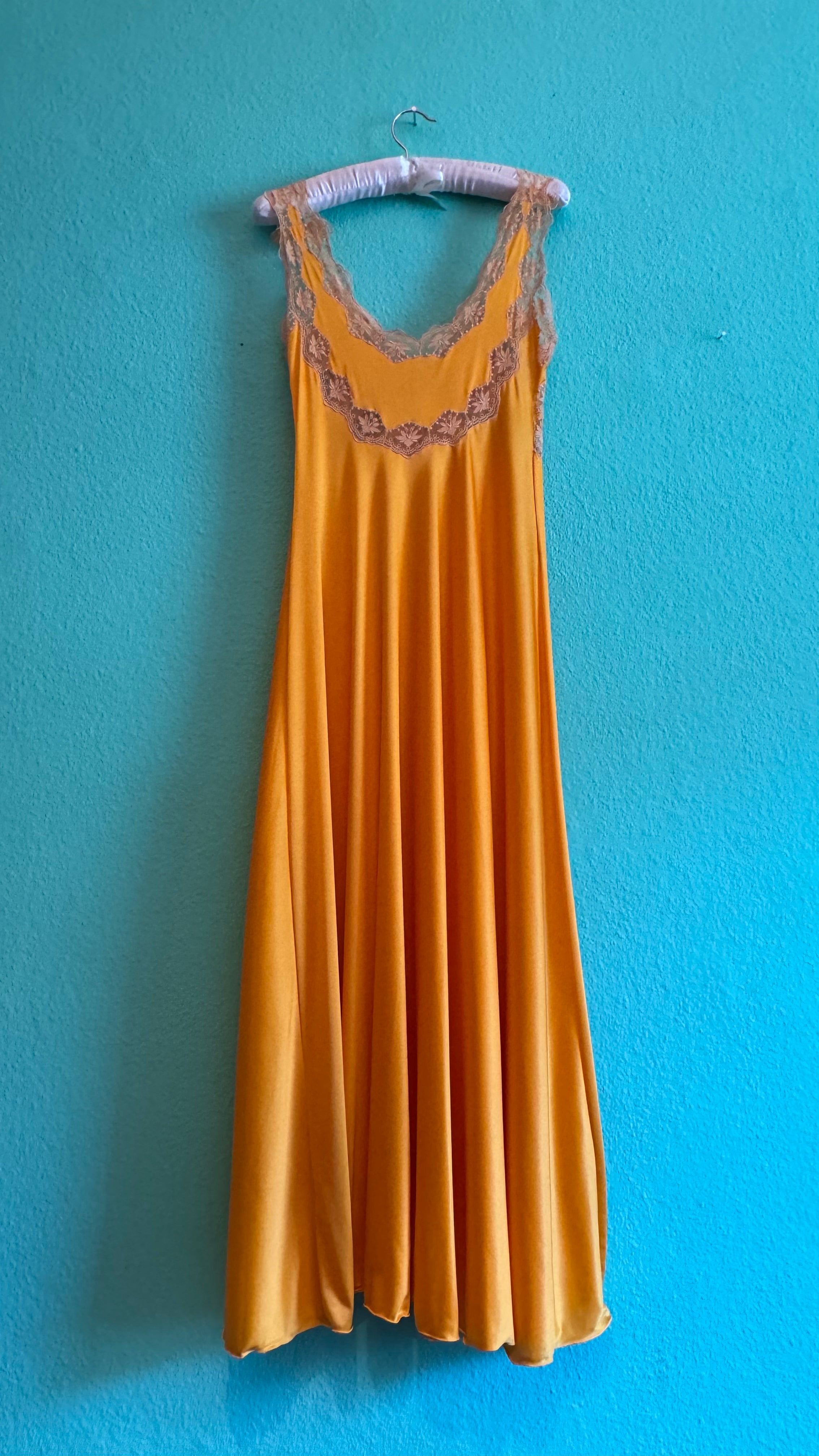 Vintage 1970s Golden Satin Nightgown With Lace & Floral Appliqué