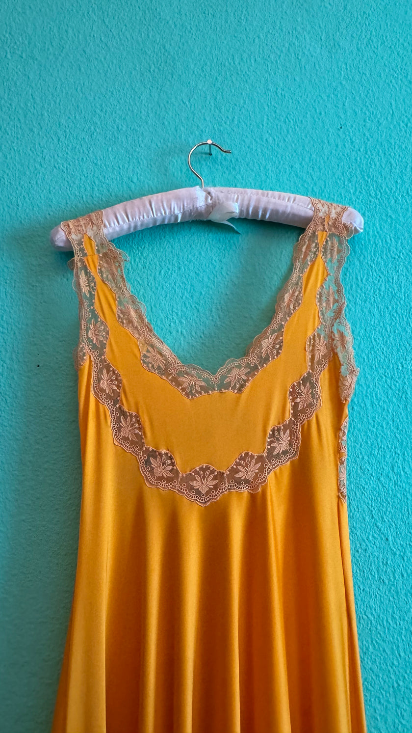 Vintage 1970s Golden Satin Nightgown With Lace & Floral Appliqué