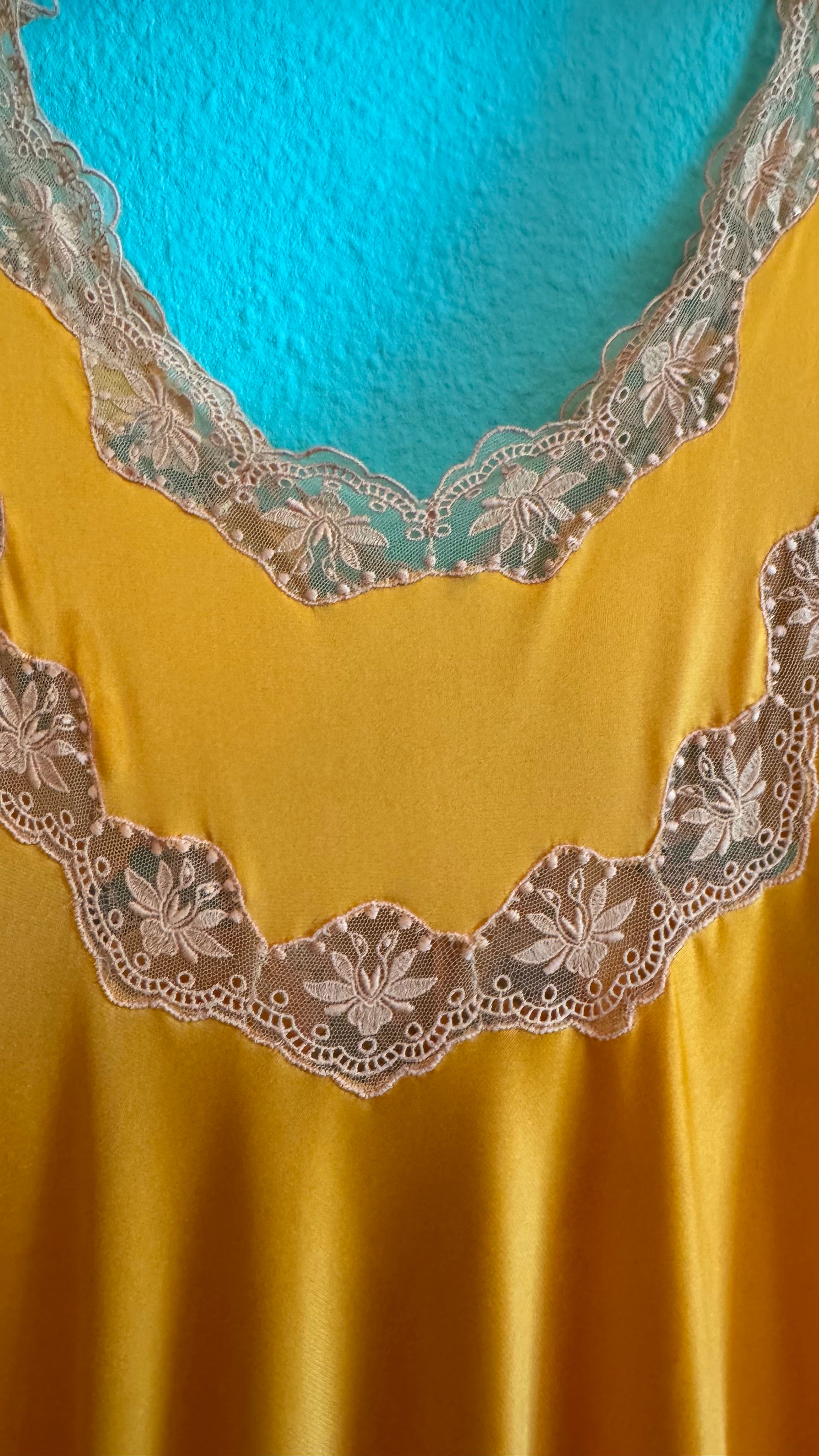 Vintage 1970s Golden Satin Nightgown With Lace & Floral Appliqué