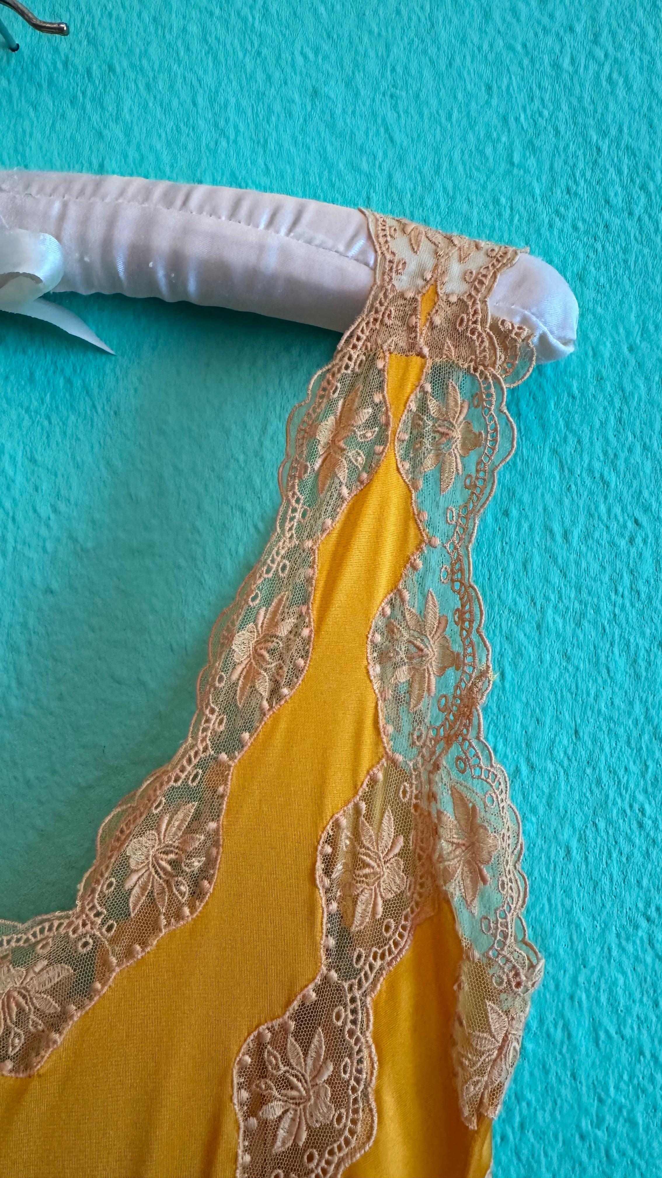 Vintage 1970s Golden Satin Nightgown With Lace & Floral Appliqué