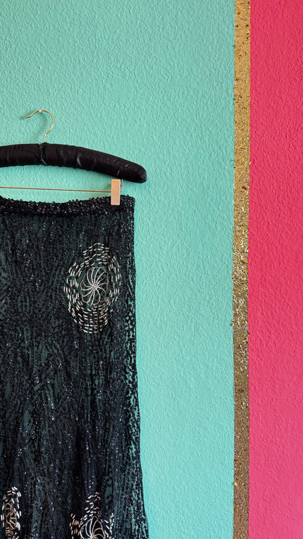 Vintage Black Lace Maxi Skirt | 1920s Style Sequin Tulle Evening Skirt