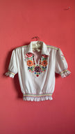Vintage 1970s White Cotton Hungarian Embroidered Blouse