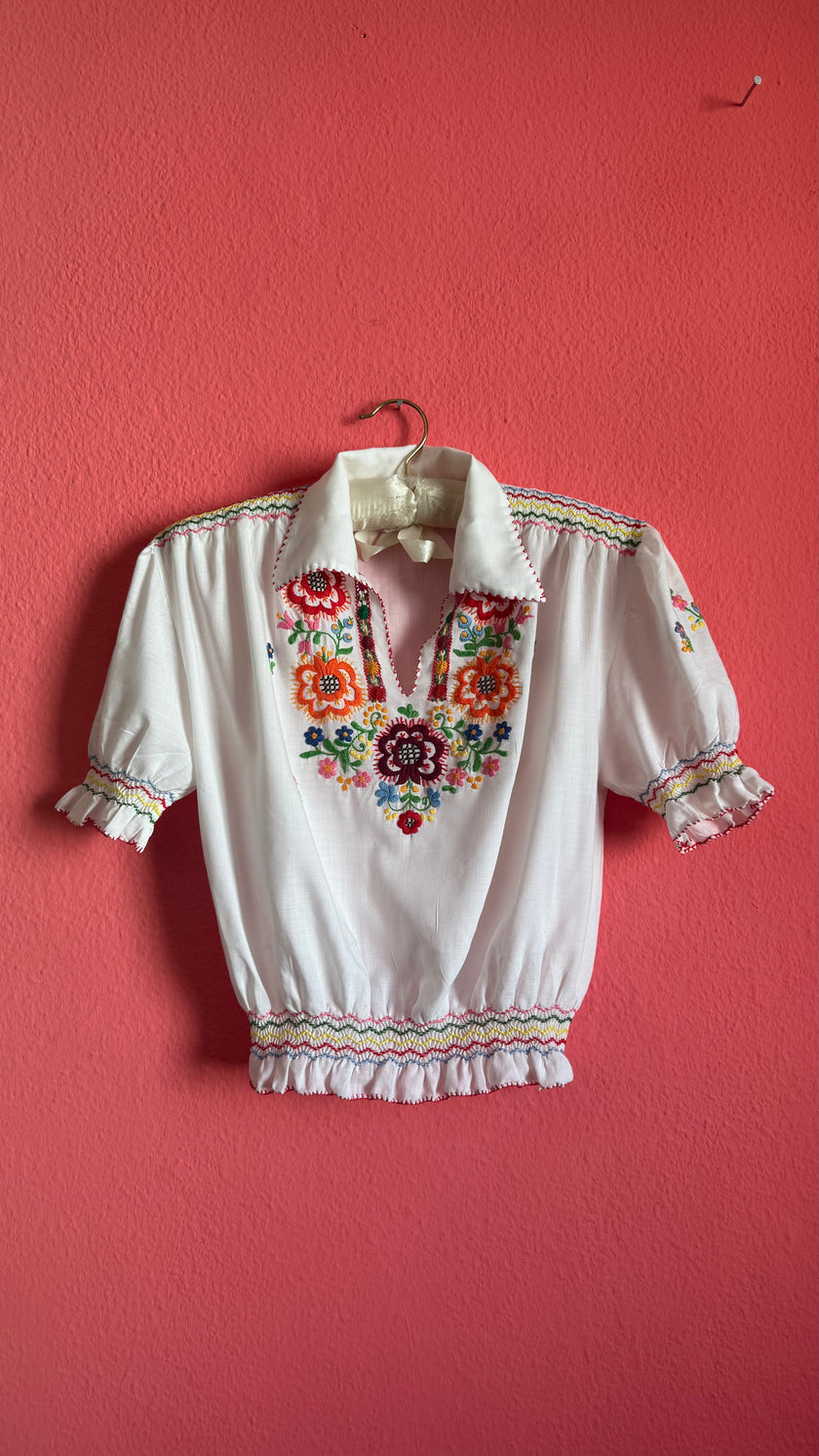 Vintage 1970s White Cotton Hungarian Embroidered Blouse