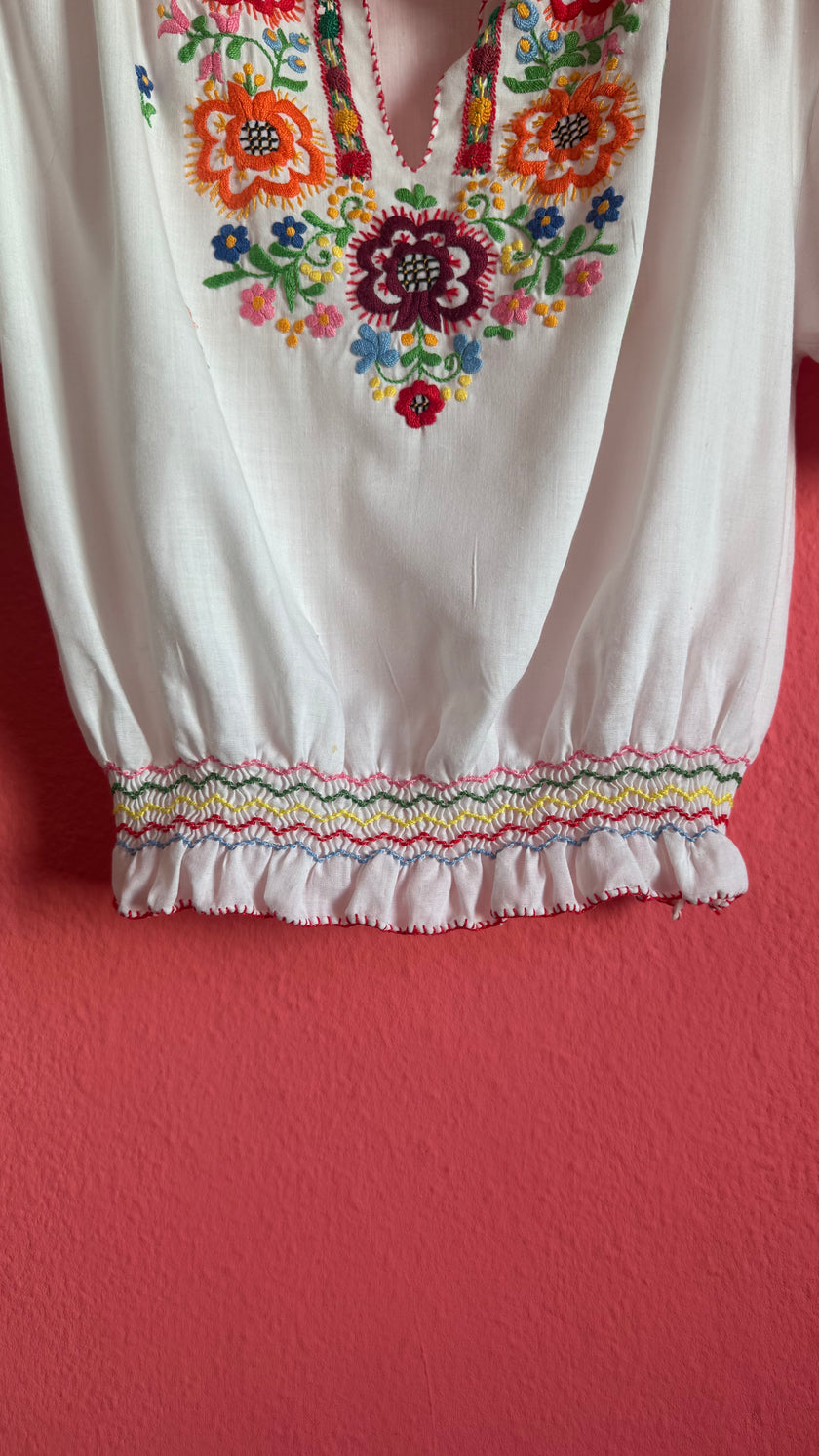 Vintage 1970s White Cotton Hungarian Embroidered Blouse
