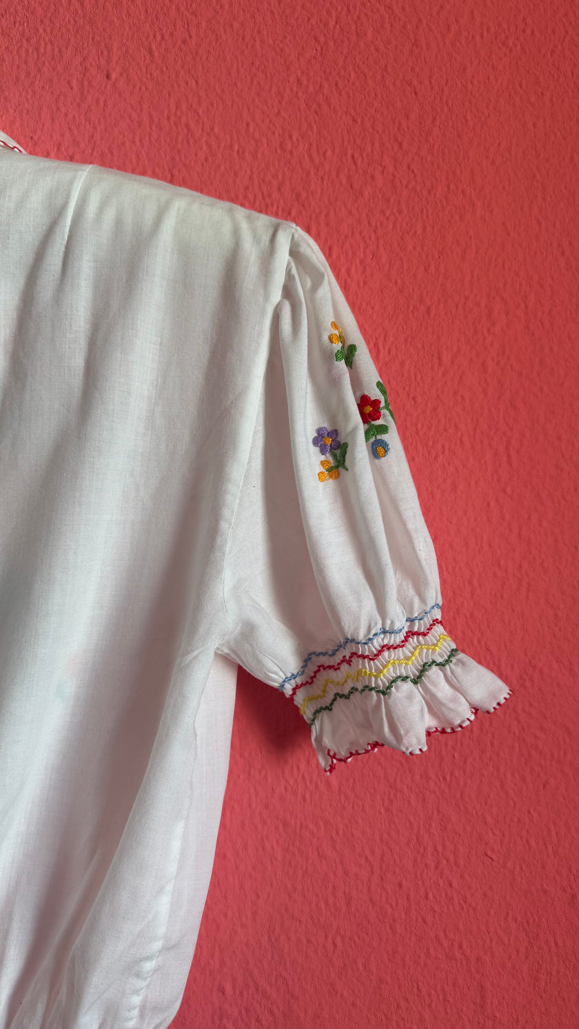 Vintage 1970s White Cotton Hungarian Embroidered Blouse