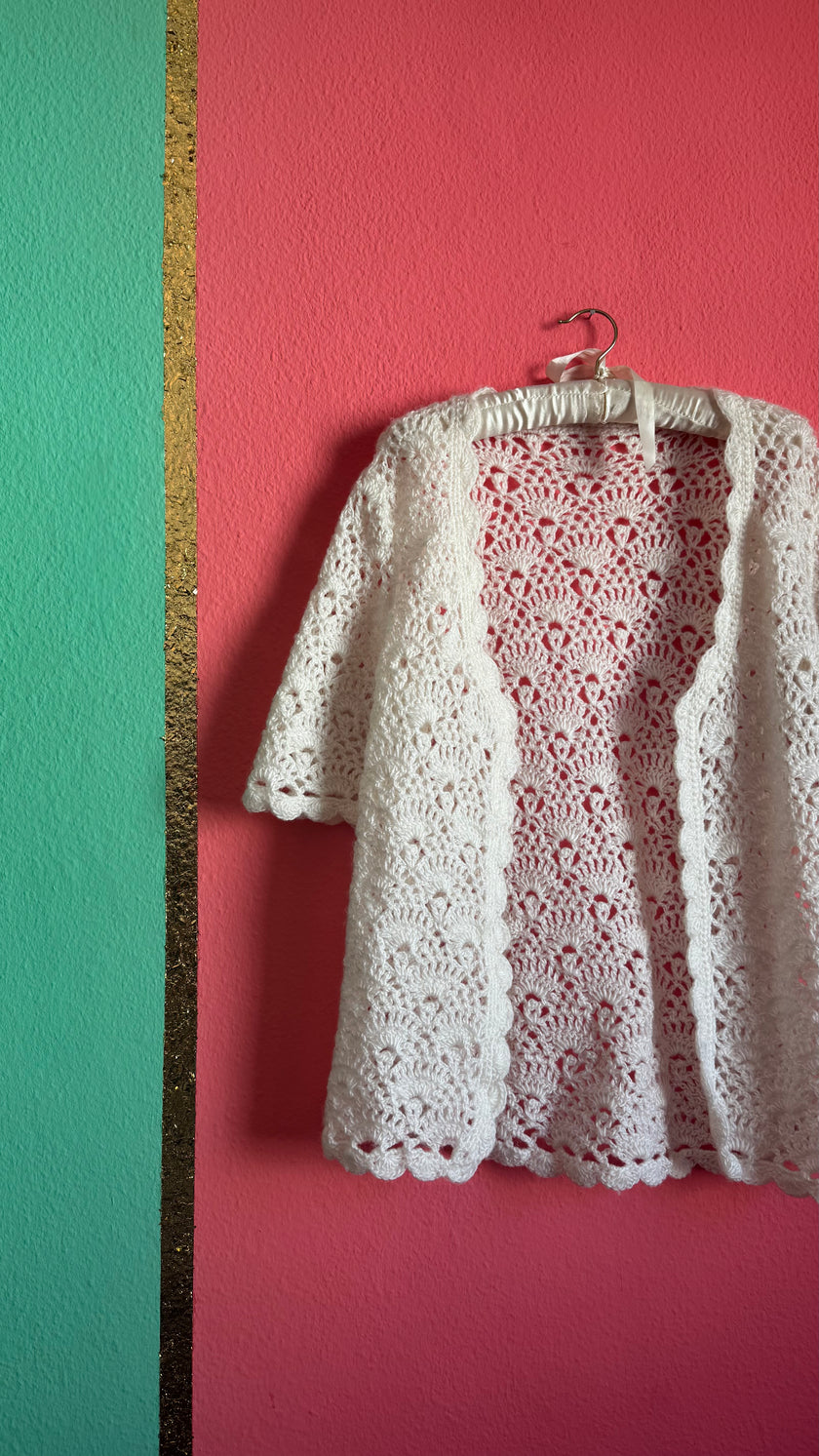 Vintage 1970s Ivory Wool Crochet Cardigan Jacket