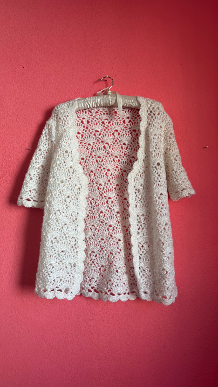 Vintage 1970s Ivory Wool Crochet Cardigan Jacket