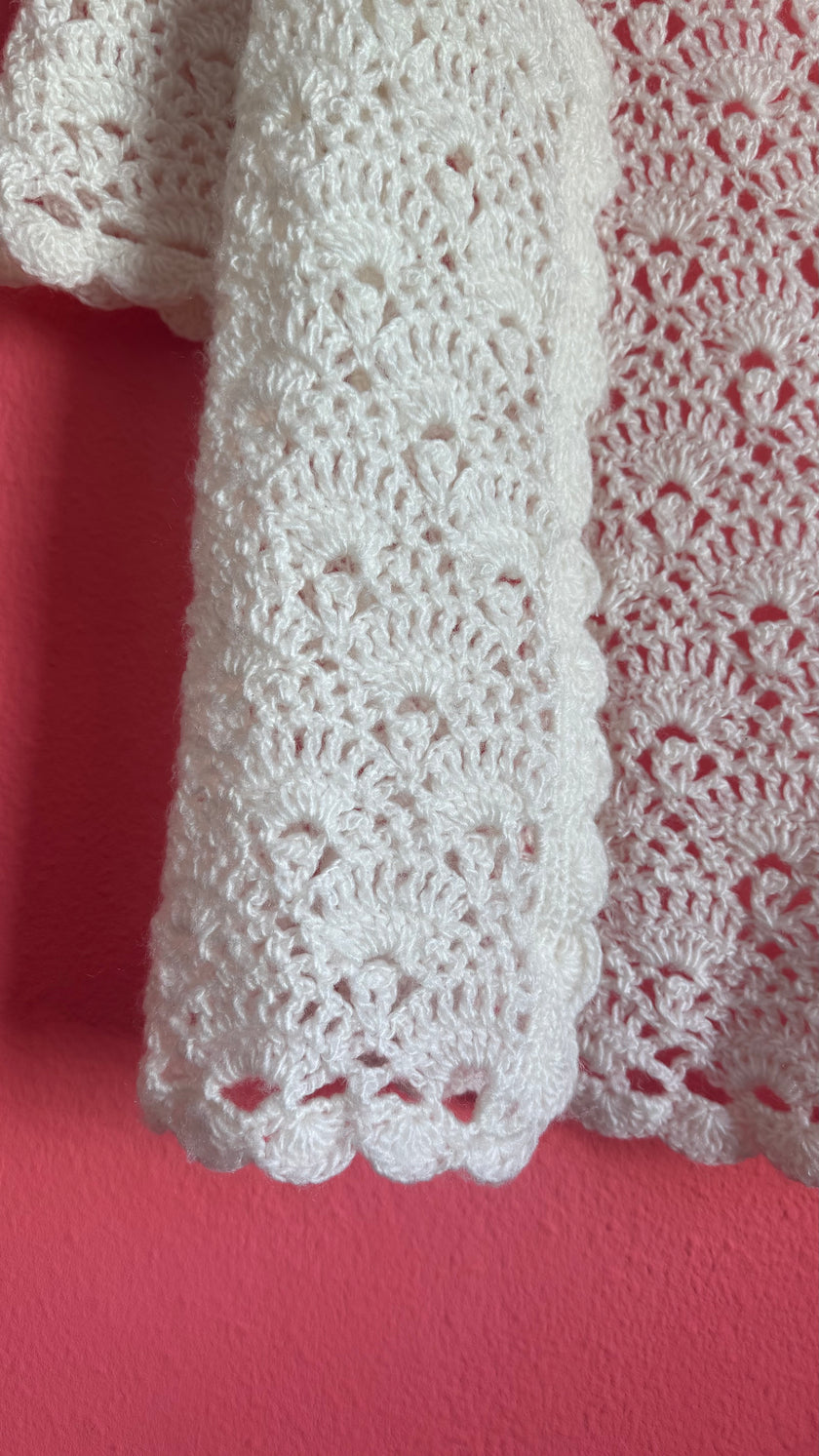 Vintage 1970s Ivory Wool Crochet Cardigan Jacket