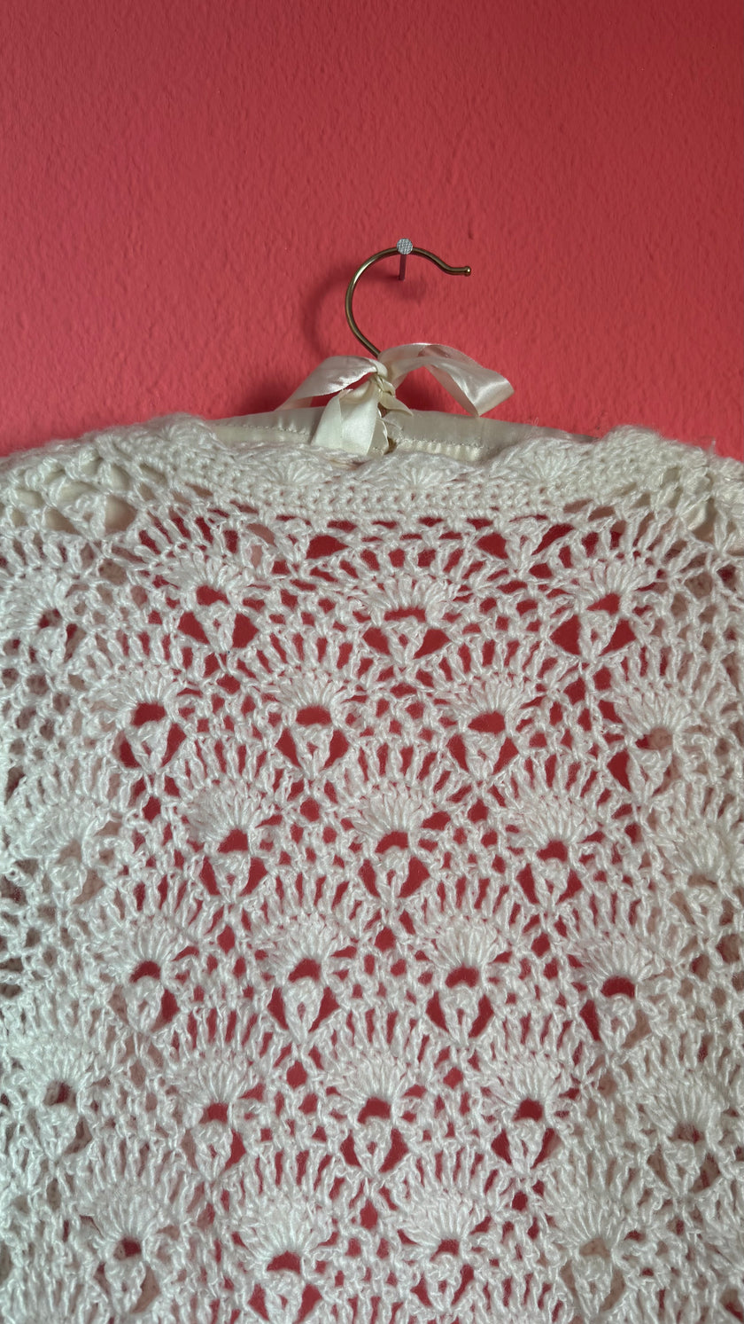 Vintage 1970s Ivory Wool Crochet Cardigan Jacket