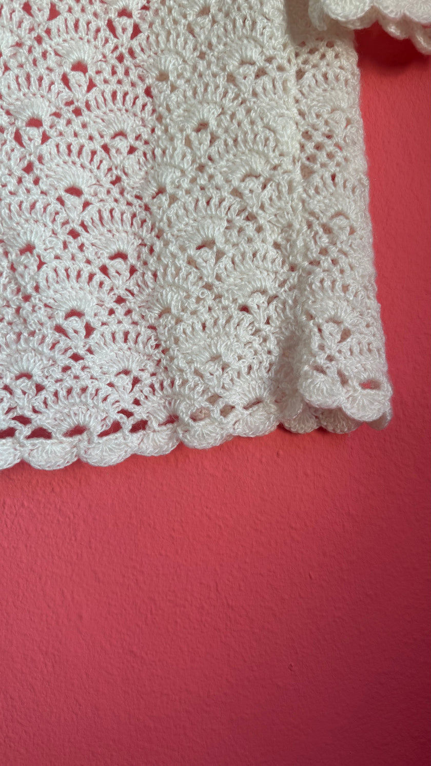 Vintage 1970s Ivory Wool Crochet Cardigan Jacket